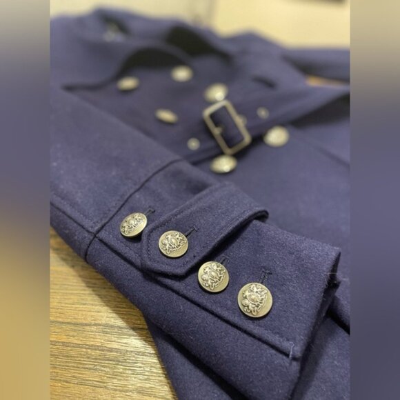 Guess Wool Blend Blue Coat Double Breasted Belted Size M Ornate Buttons Retro - Picture 12 of 12